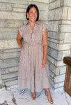 Brown and cream striped maxi dress buttons collar tie waist cap sleeves