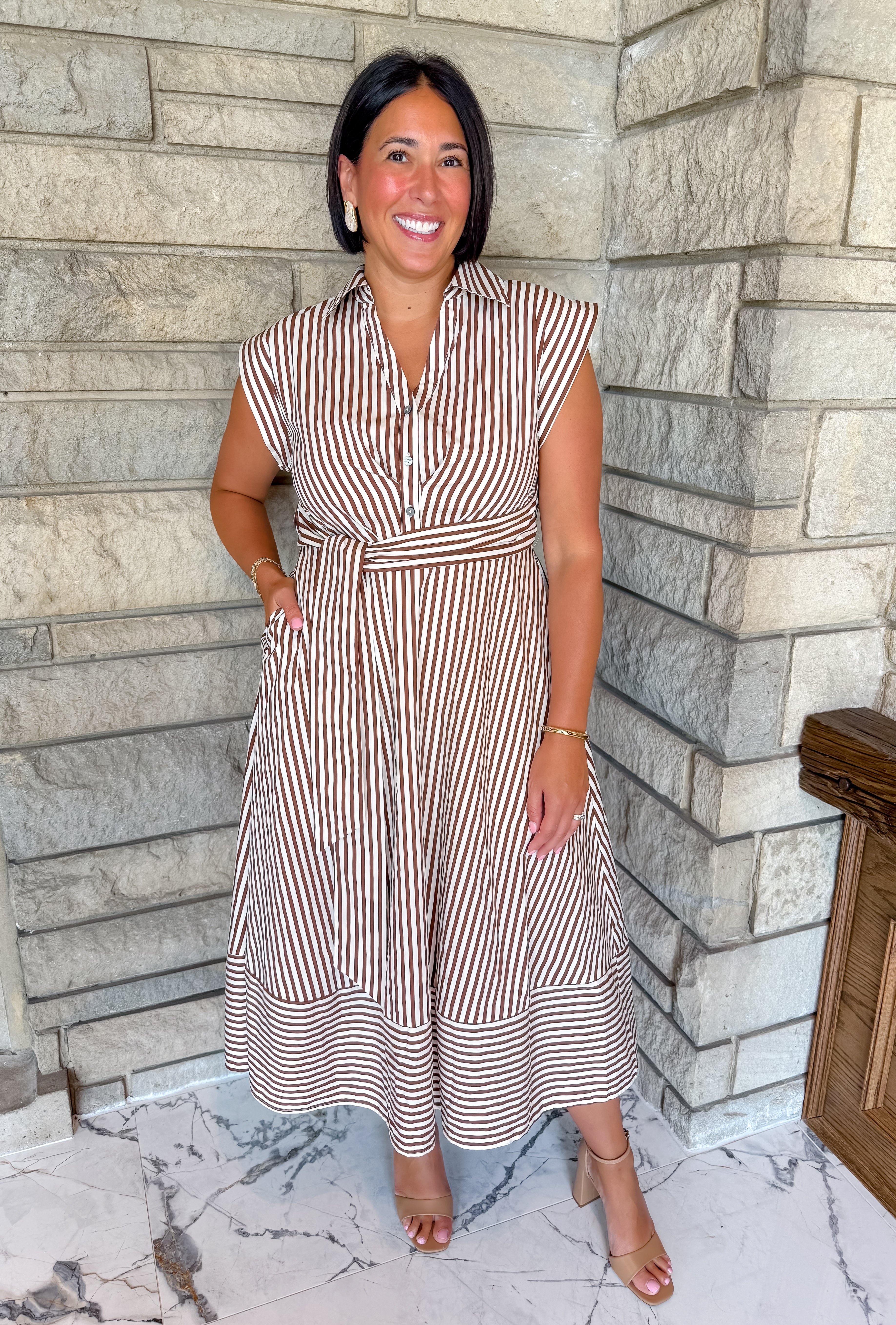 Brown and cream striped maxi dress buttons collar tie waist cap sleeves