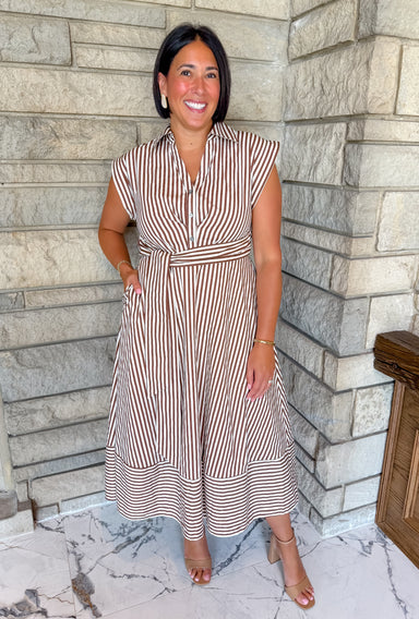 Brown and cream striped maxi dress buttons collar tie waist cap sleeves