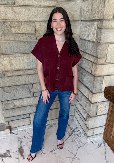 Burgundy short sleeve v neck cardigan sweater with hood patch pockets