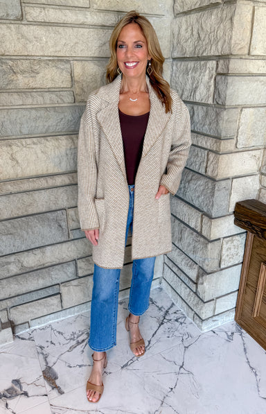 Beige and cream striped sweater coat open lapel with patch pockets