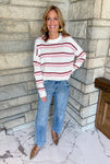 Off white sweater with burgundy and pink textured stripes slouchy crew neck