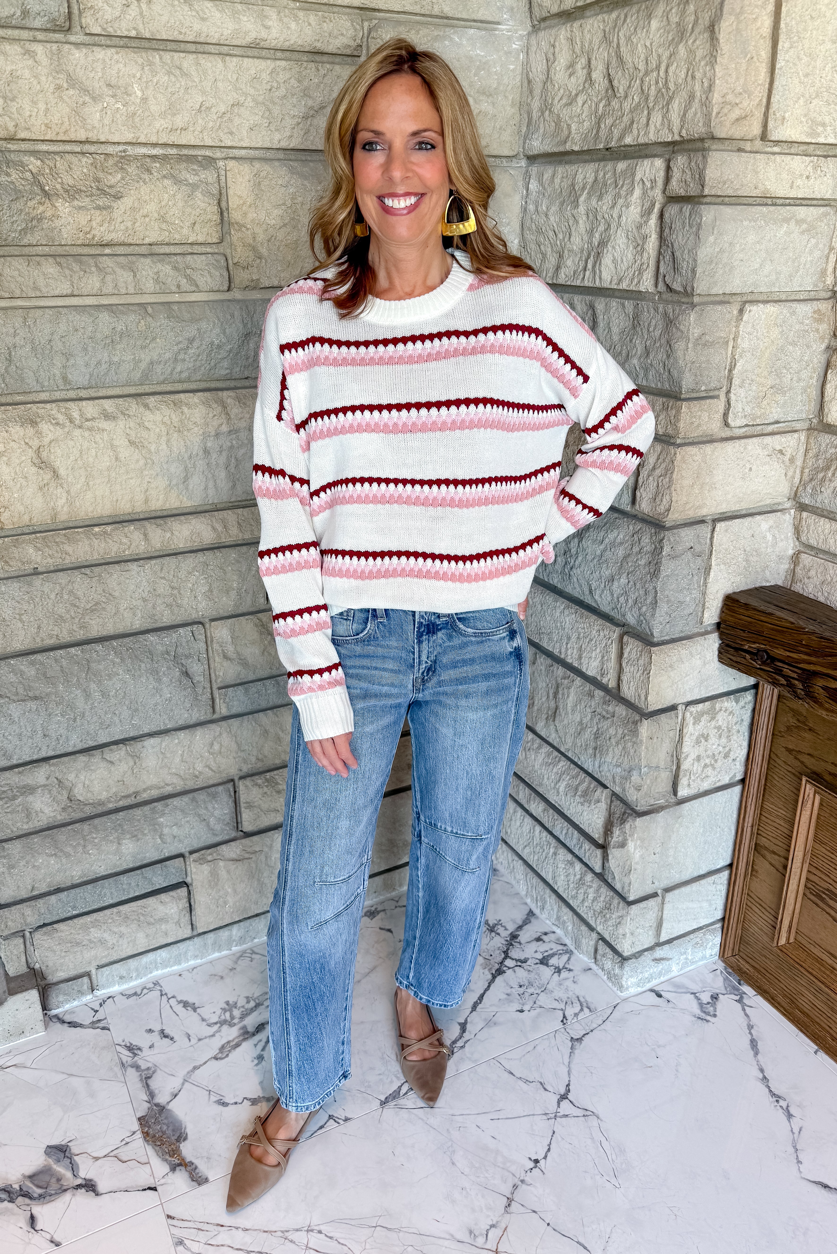 Off white sweater with burgundy and pink textured stripes slouchy crew neck