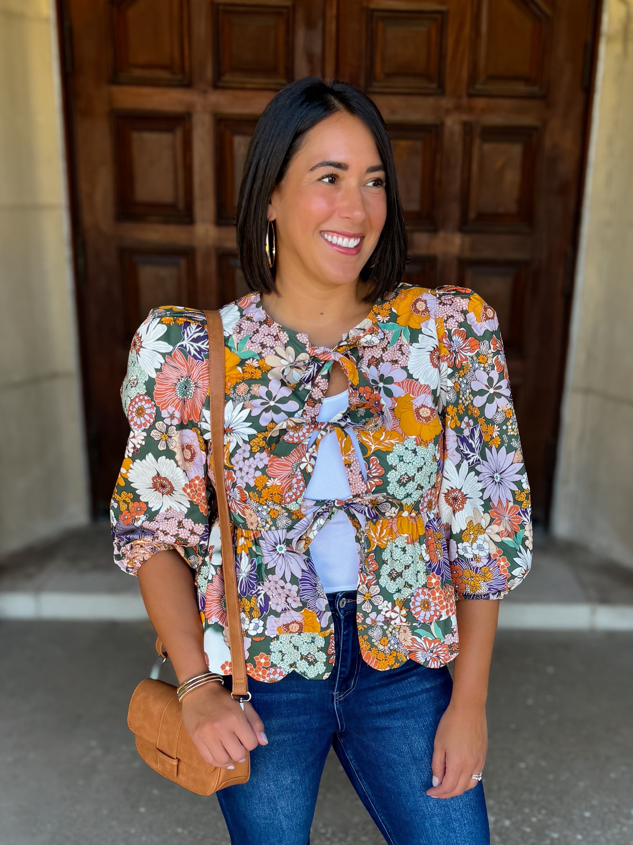 Eleanor Floral Tie Front Scallop Top