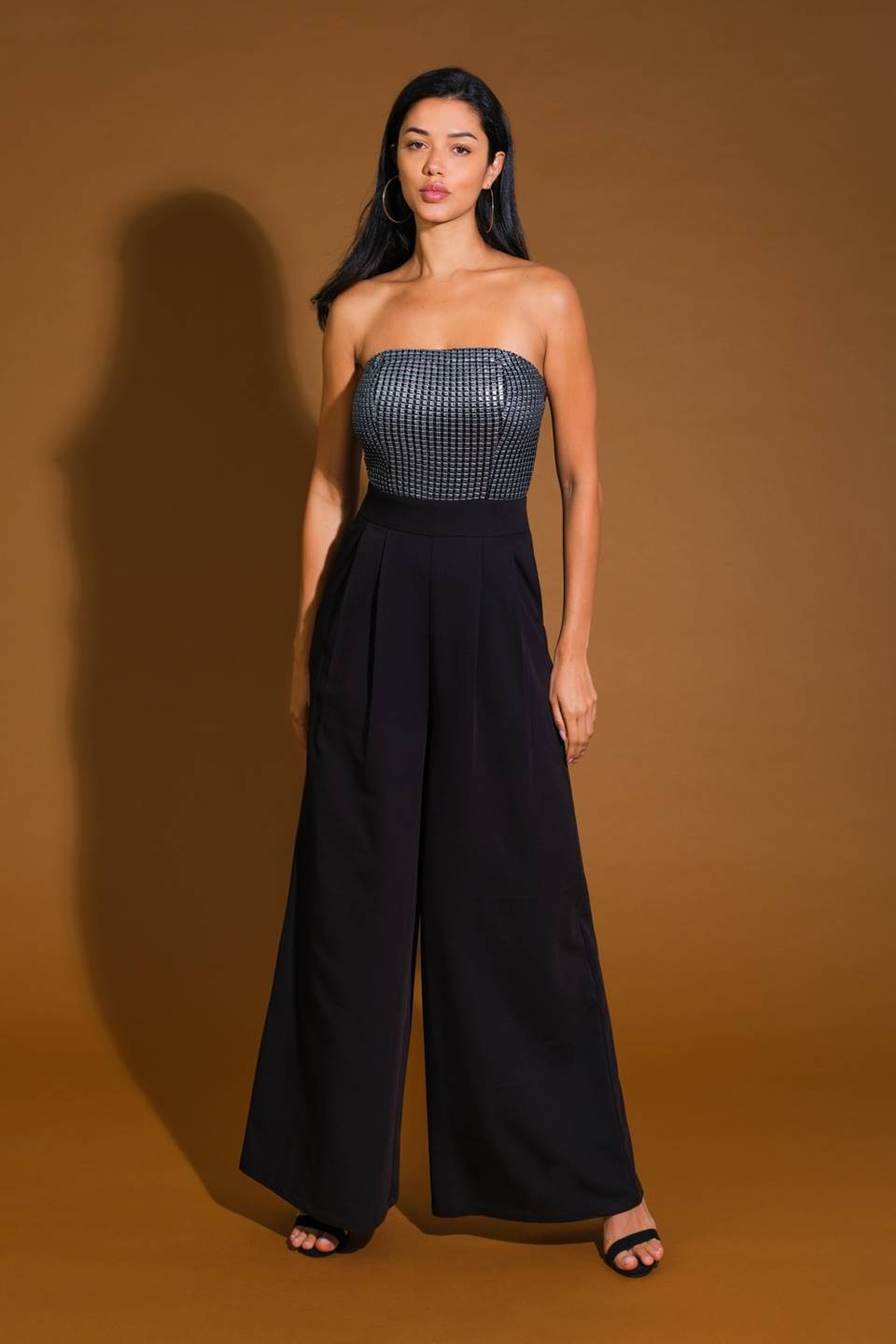 Isa Metallic Woven Strapless Jumpsuit