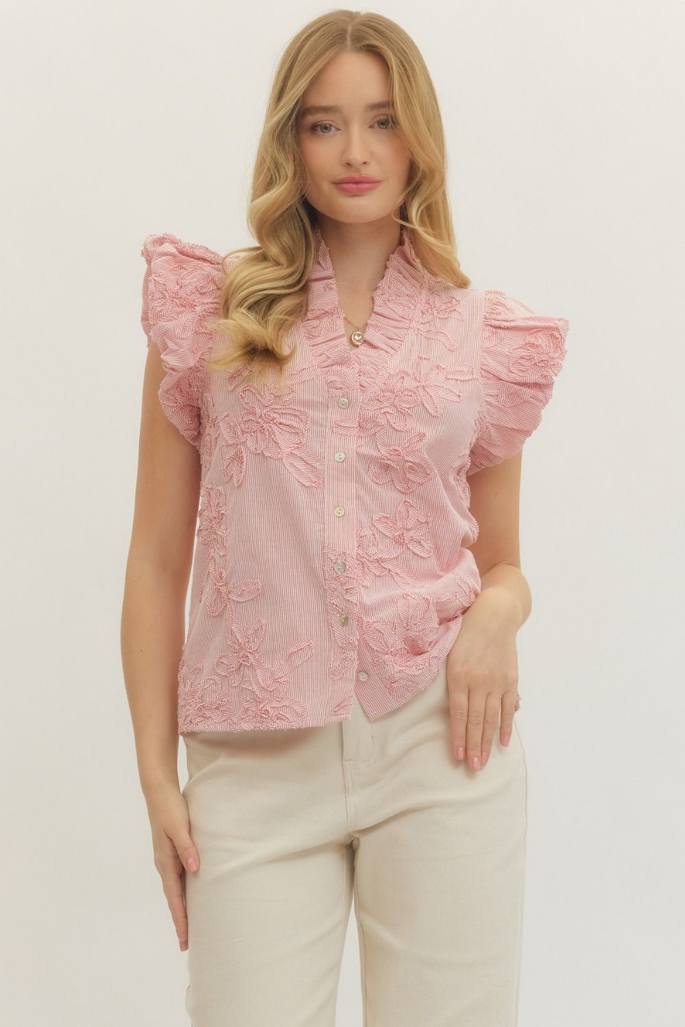 Jada Striped 3D Ruffle Button Top