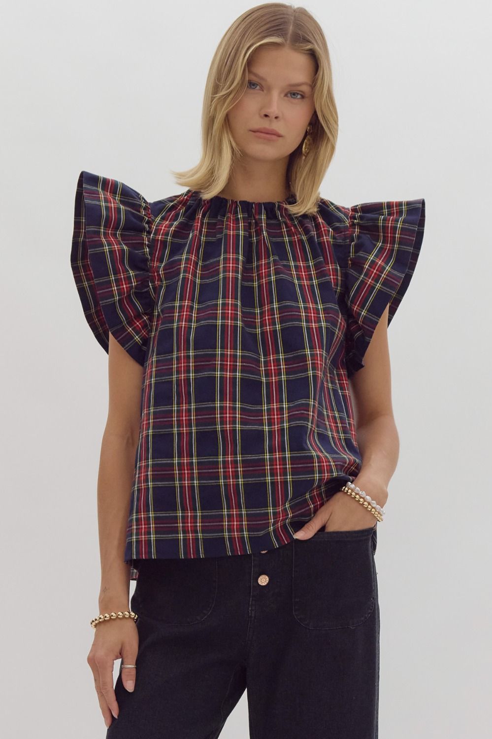 Lilith Plaid Ruffle Tie Neck Top