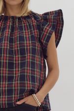 Lilith Plaid Ruffle Tie Neck Top