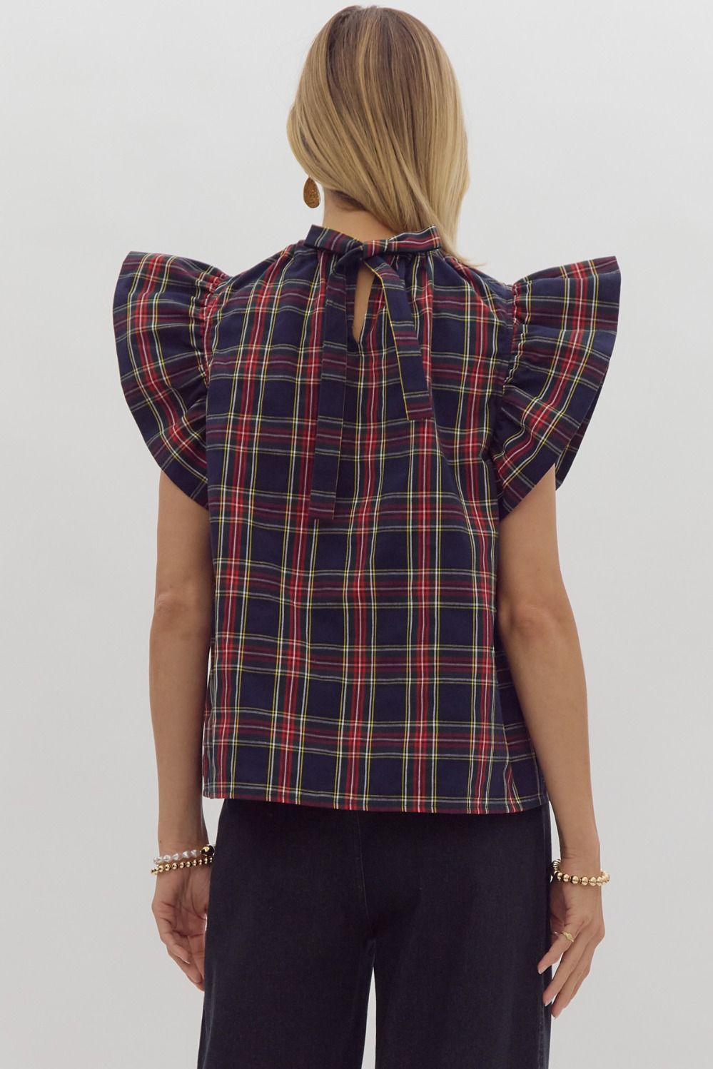 Lilith Plaid Ruffle Tie Neck Top