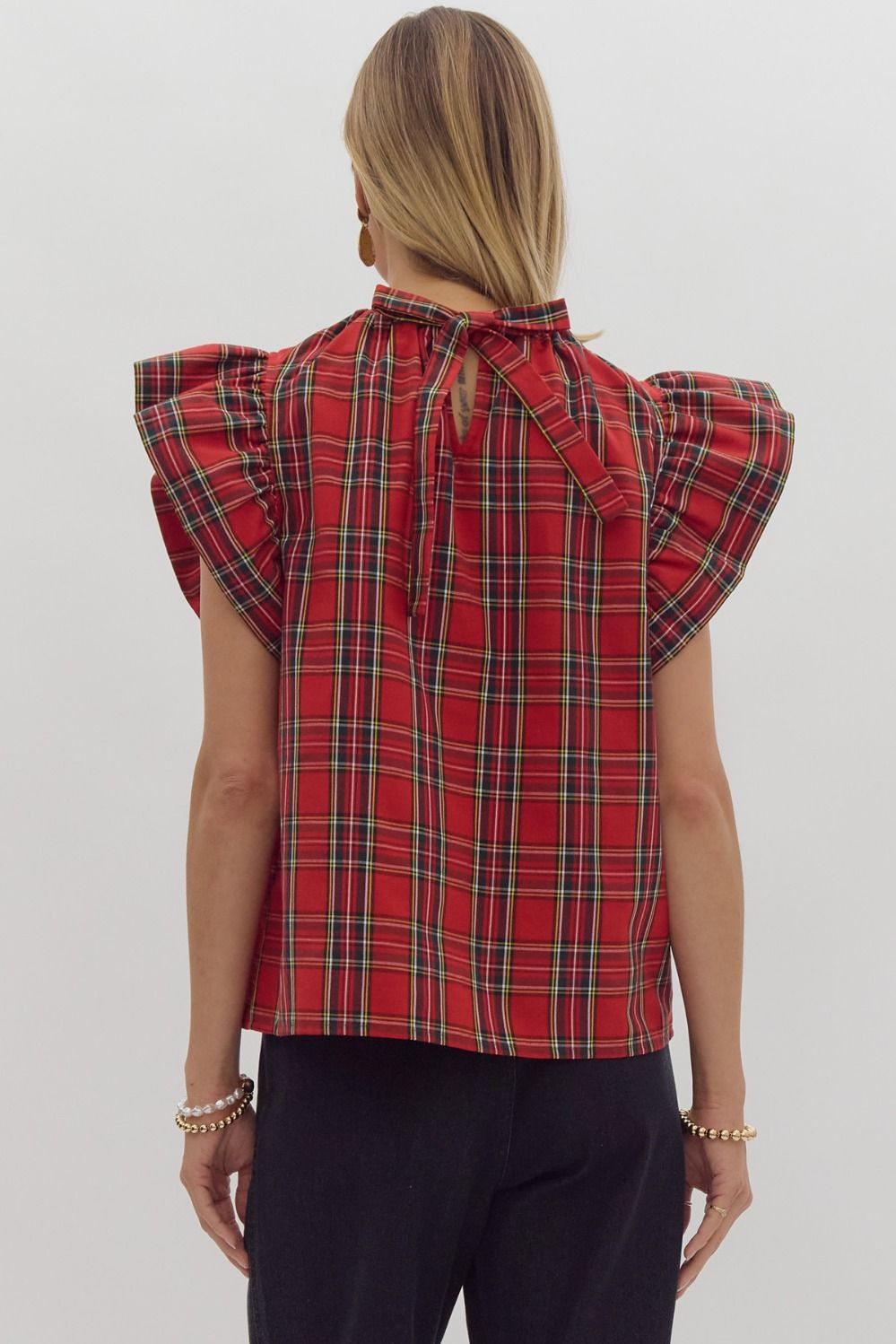 Lilith Plaid Ruffle Tie Neck Top