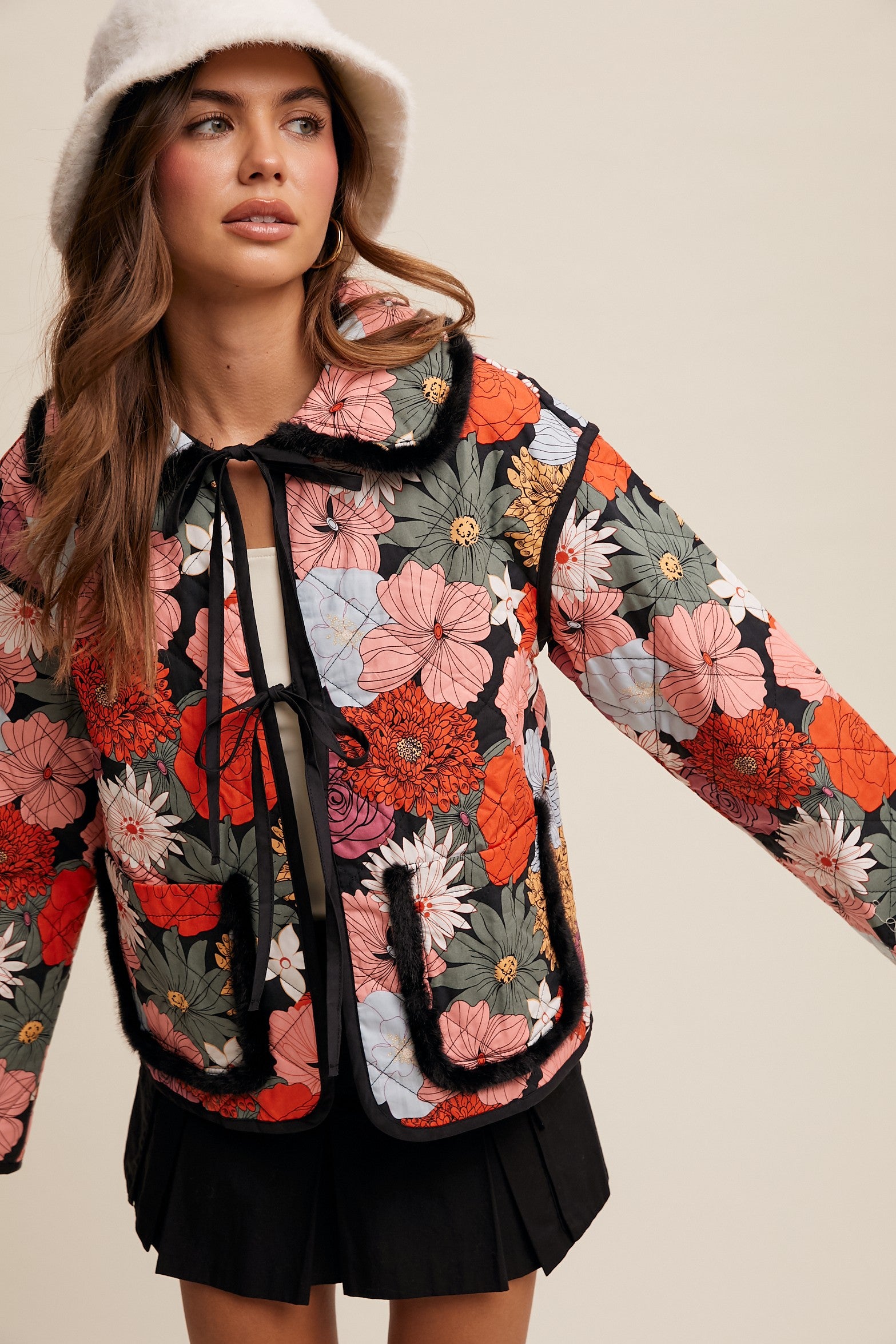 Lucia Floral Fur Trim Quilted Jacket