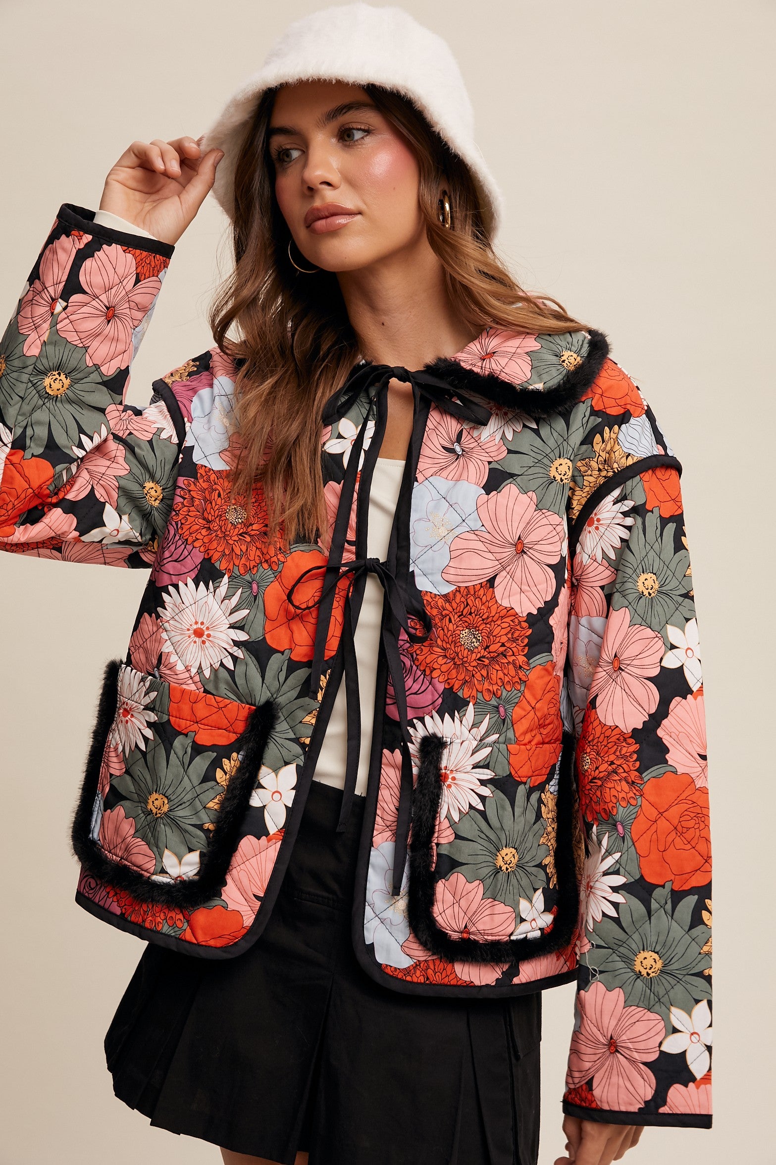 Lucia Floral Fur Trim Quilted Jacket