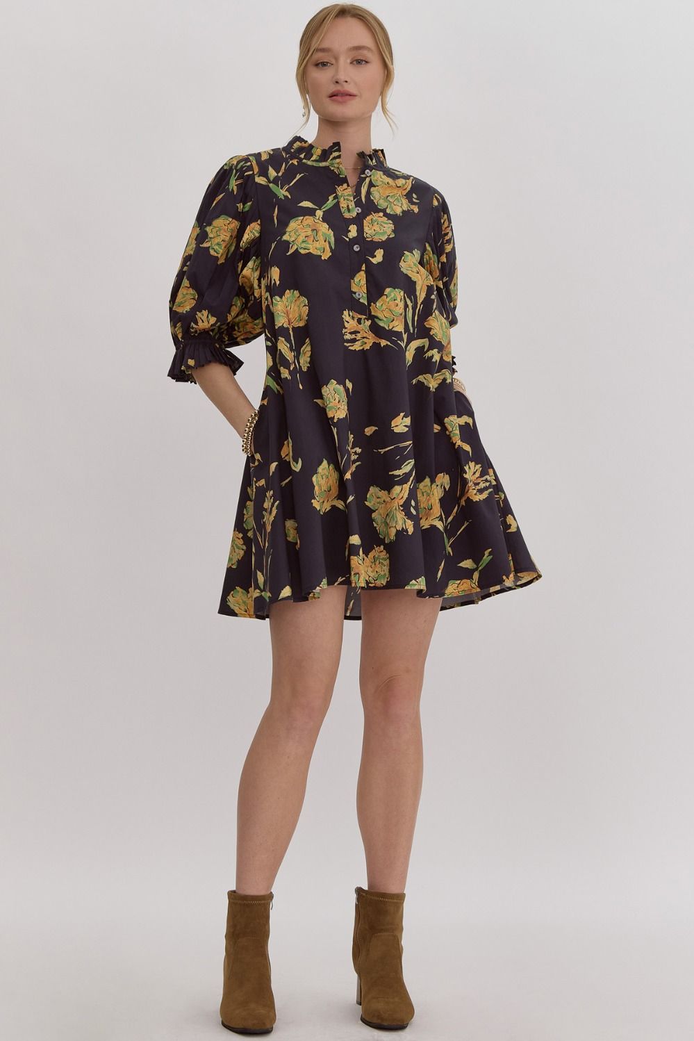 Lucy Floral Pleated Sleeve Dress