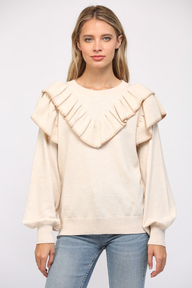 Lulu Contrast Stitch Ruffle Sweater