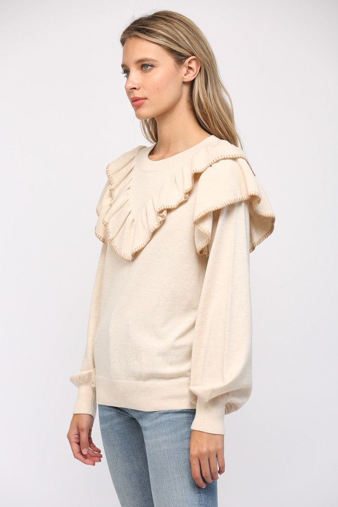 Lulu Contrast Stitch Ruffle Sweater