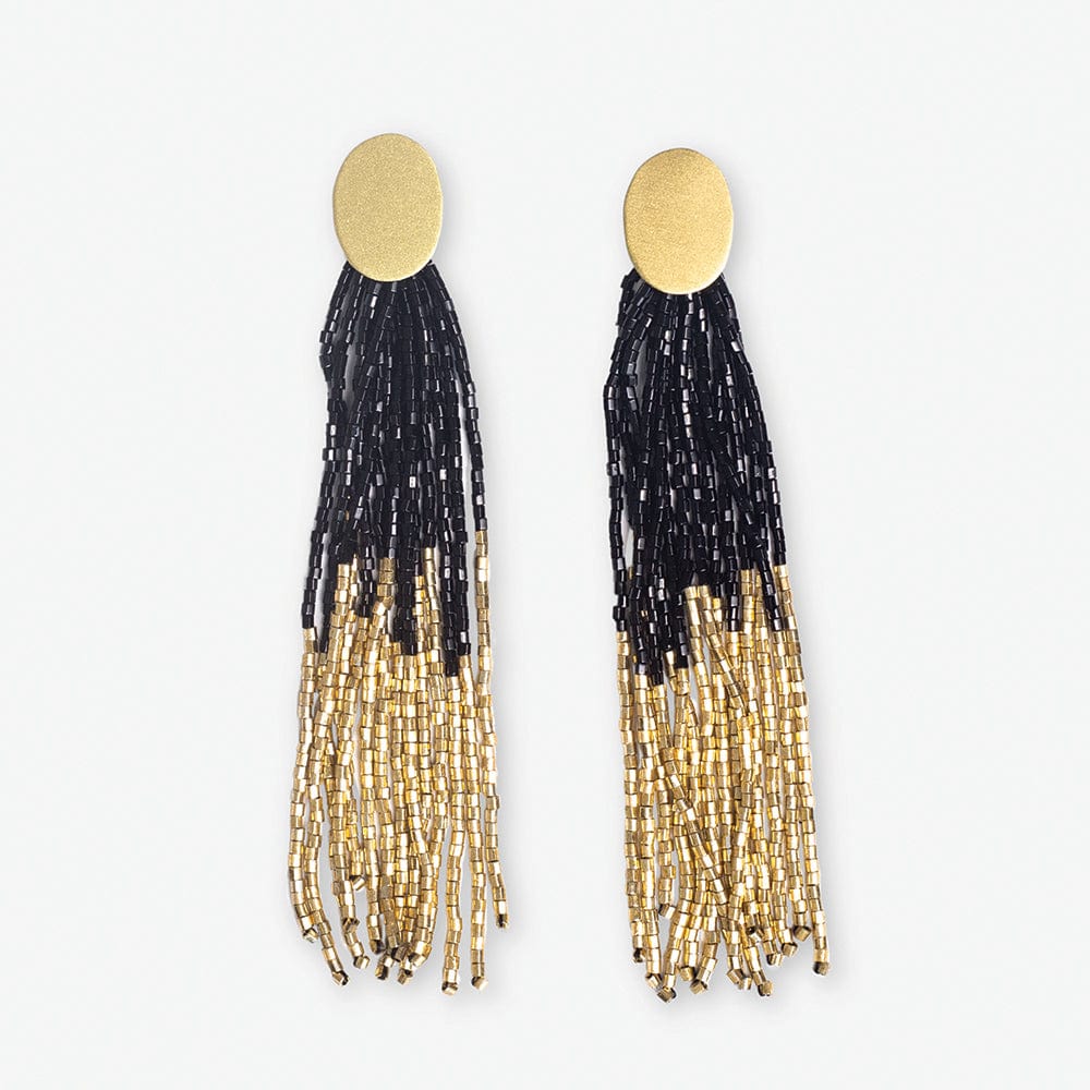 Mae Oval Post Beaded Fringe Black