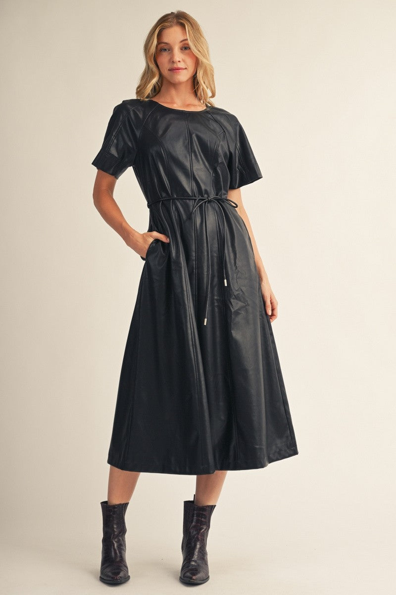 Moira Tie Waist Midi Leather Dress