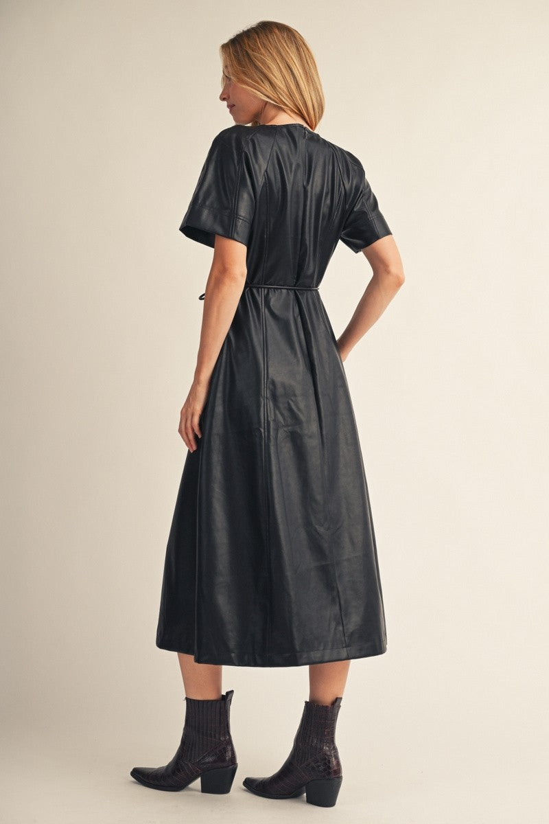 Moira Tie Waist Midi Leather Dress