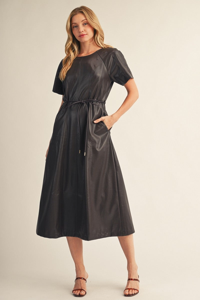Moira Tie Waist Midi Leather Dress