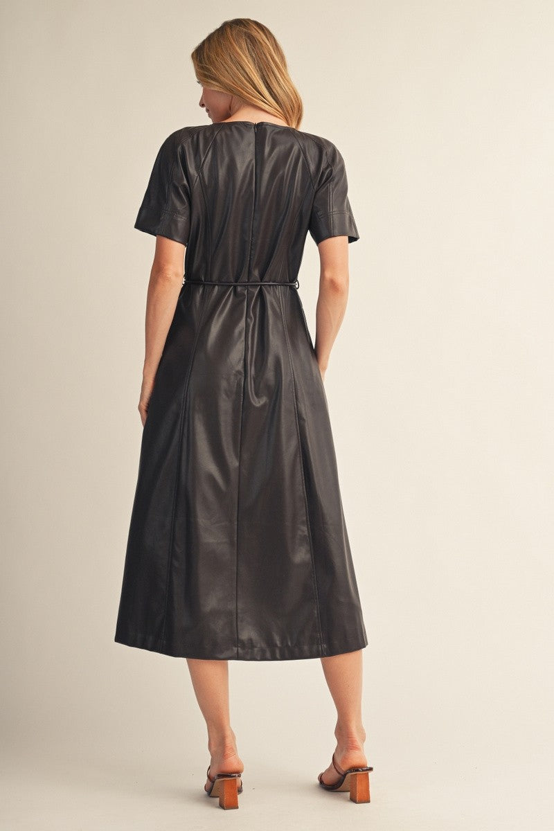 Moira Tie Waist Midi Leather Dress