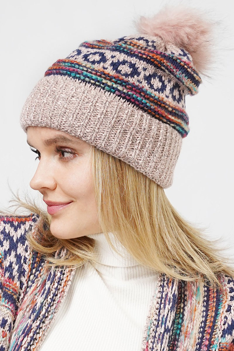 Patterned Multicolor Pom Hat