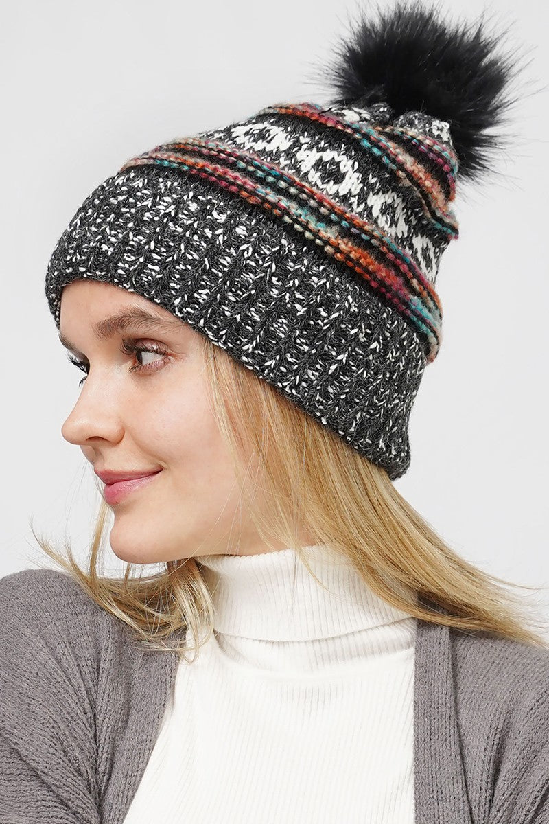 Patterned Multicolor Pom Hat