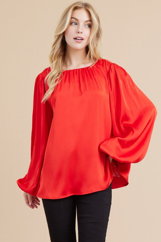 Rosy Satin Peasant Sleeve Top FINAL SALE