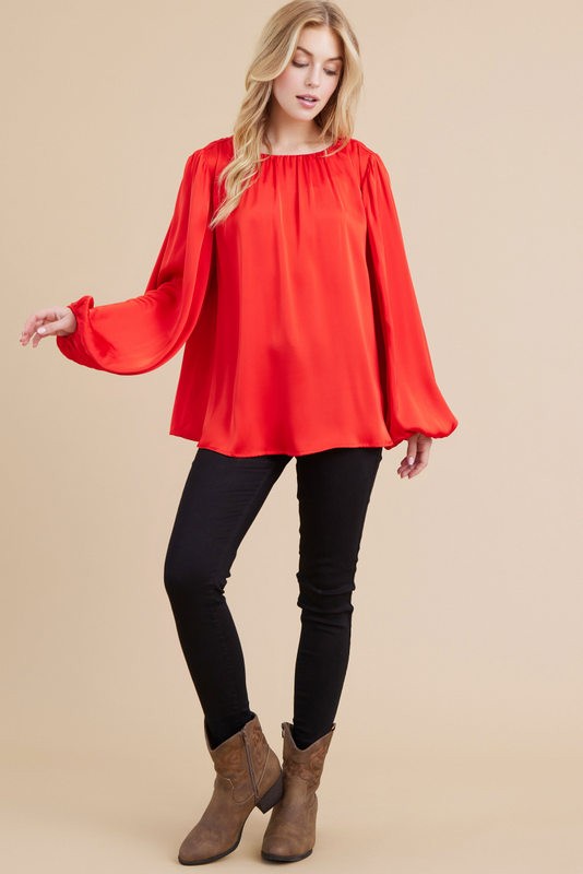 Rosy Satin Peasant Sleeve Top FINAL SALE
