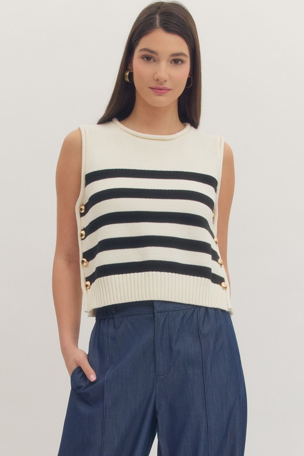 Sabina Striped Gold Button Sweater Vest