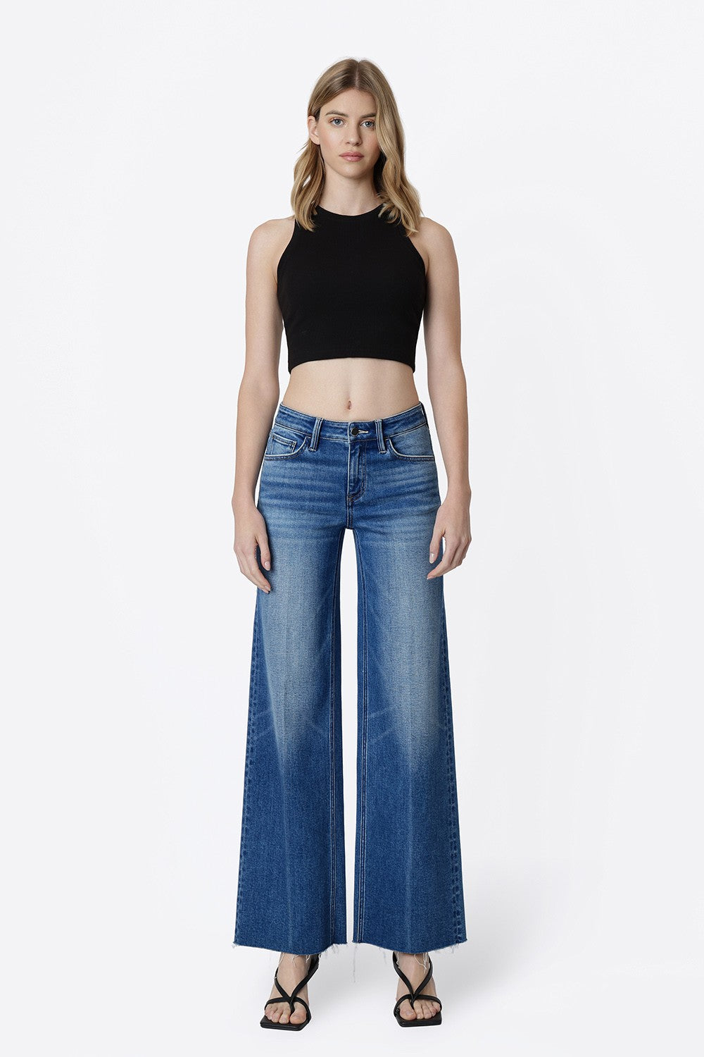 Scarlett Mid Rise Raw Hem Wide Jeans