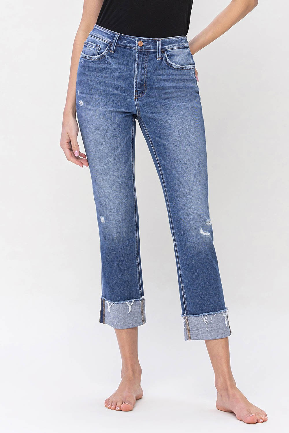 Sensible High Rise Cuff Straight Jeans