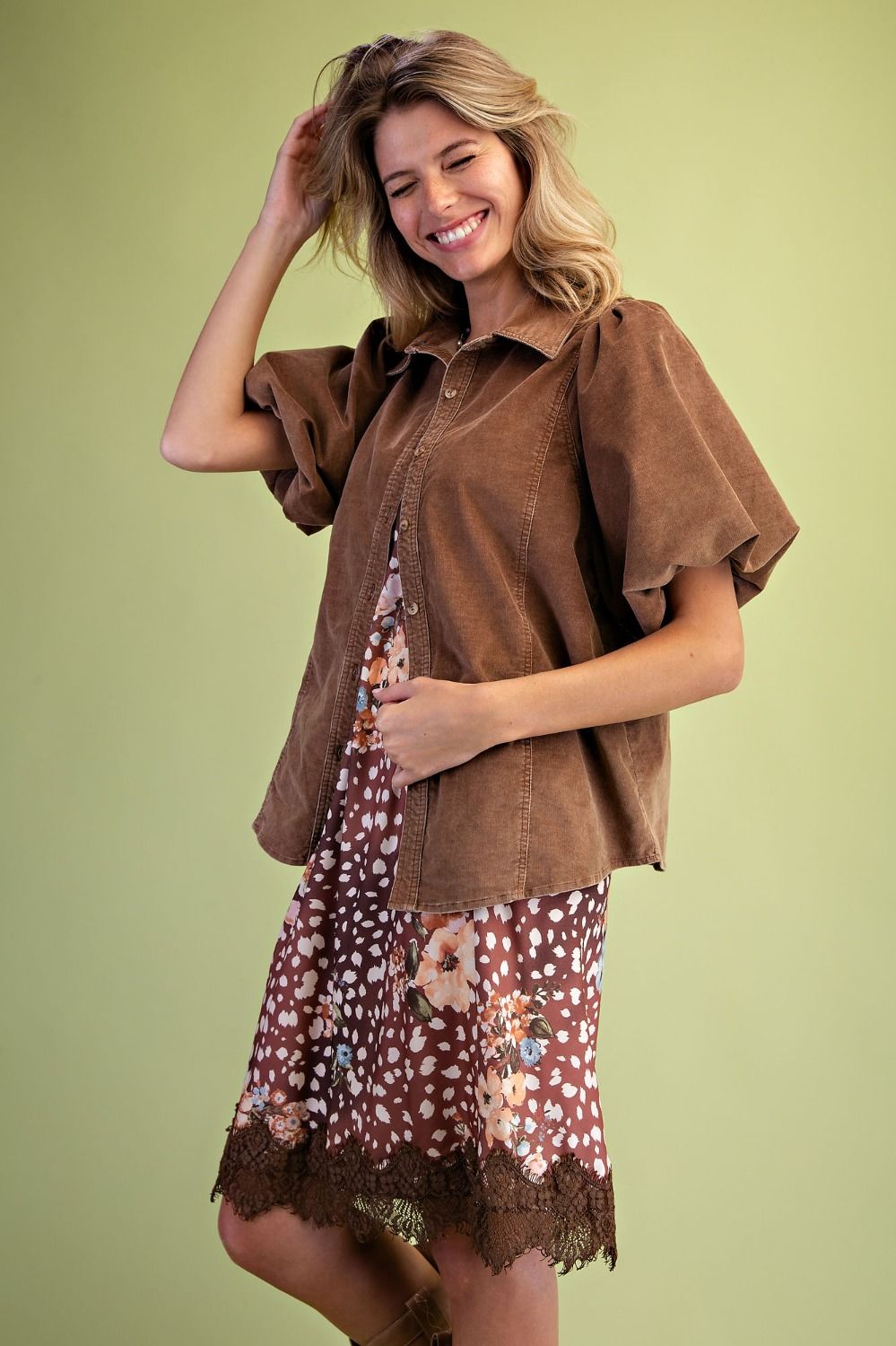 Susanna Corduroy Bubble Slv Button Top
