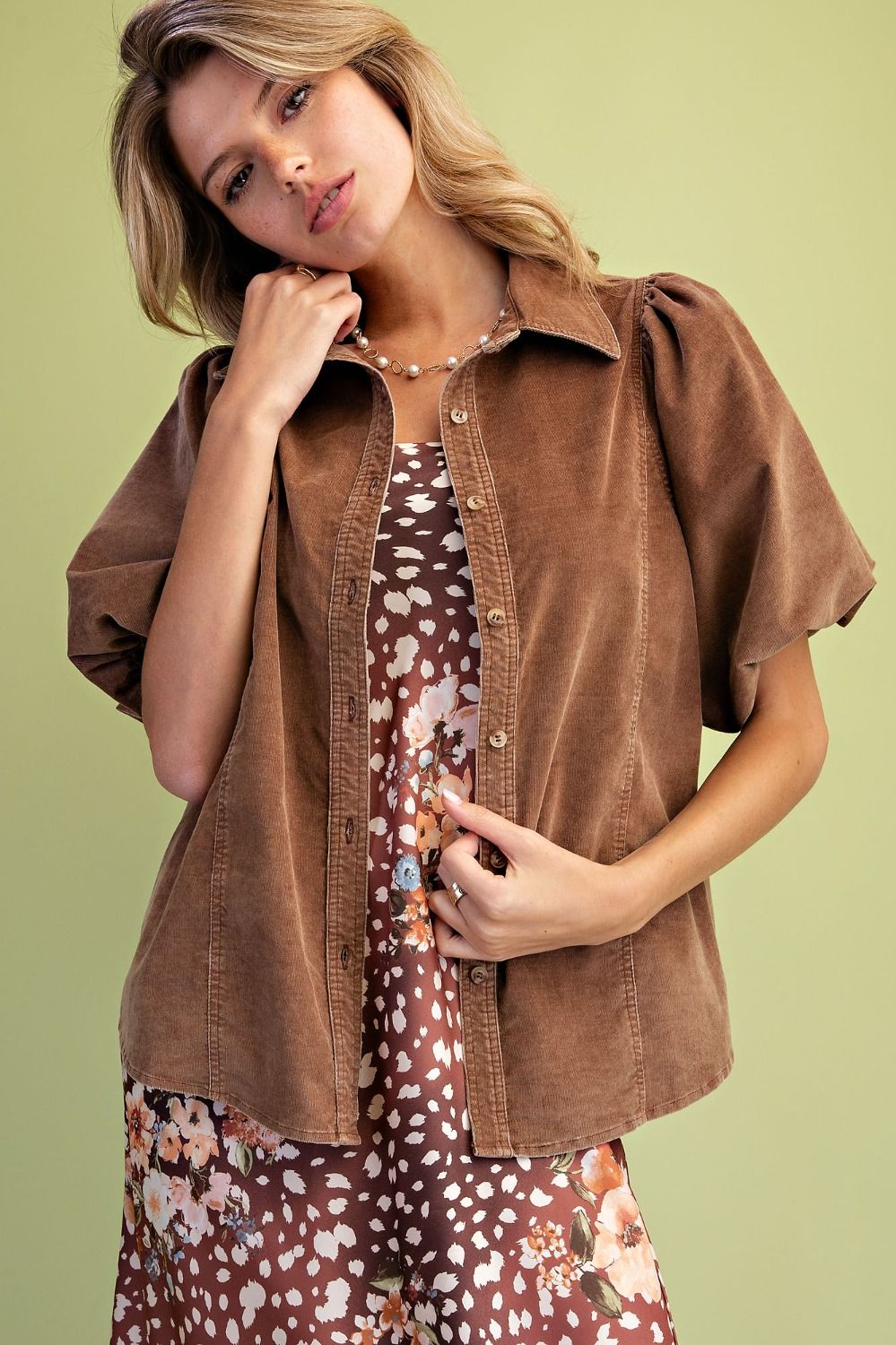 Susanna Corduroy Bubble Slv Button Top