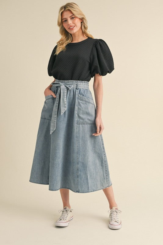 Valerie Tie-Belt Midi Denim Skirt