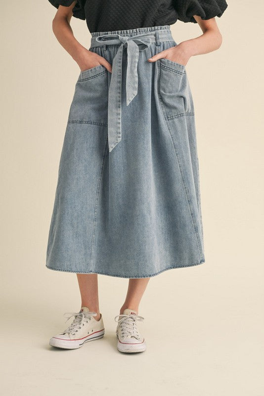 Valerie Tie-Belt Midi Denim Skirt