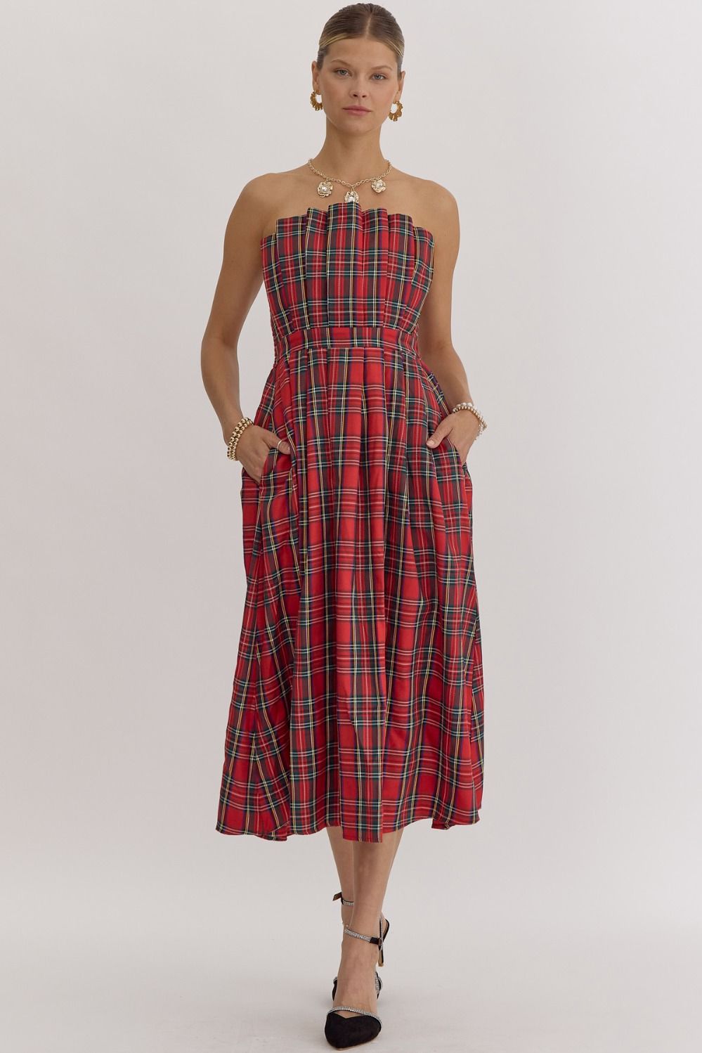 Vanna Plaid Strapless Midi Dress