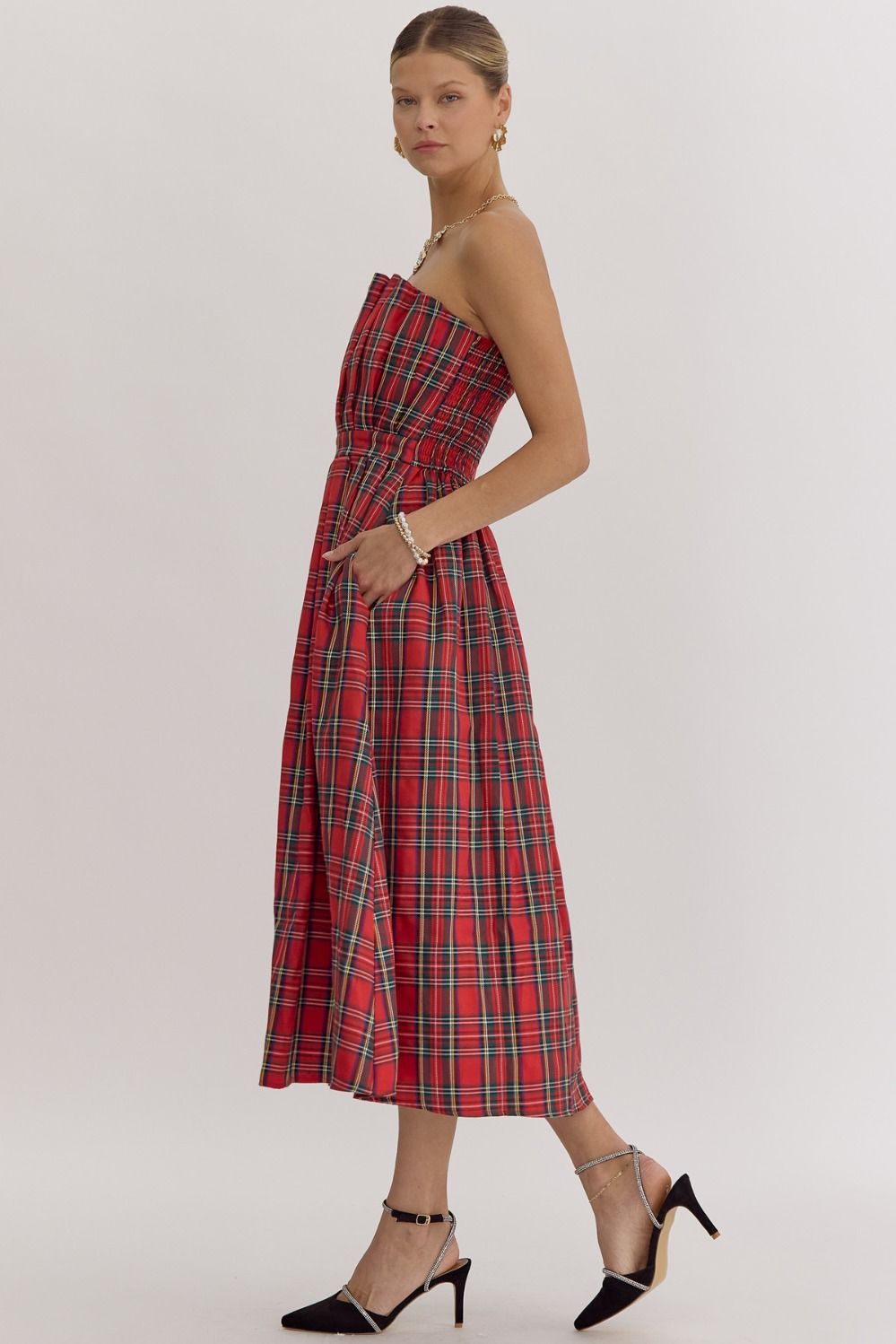 Vanna Plaid Strapless Midi Dress