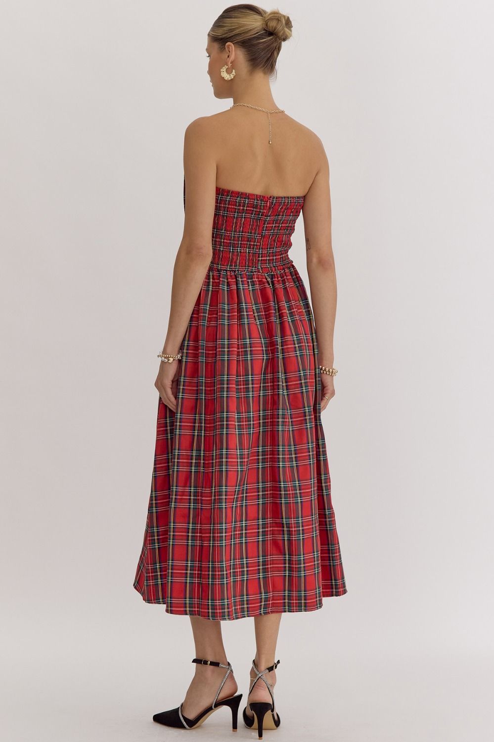 Vanna Plaid Strapless Midi Dress