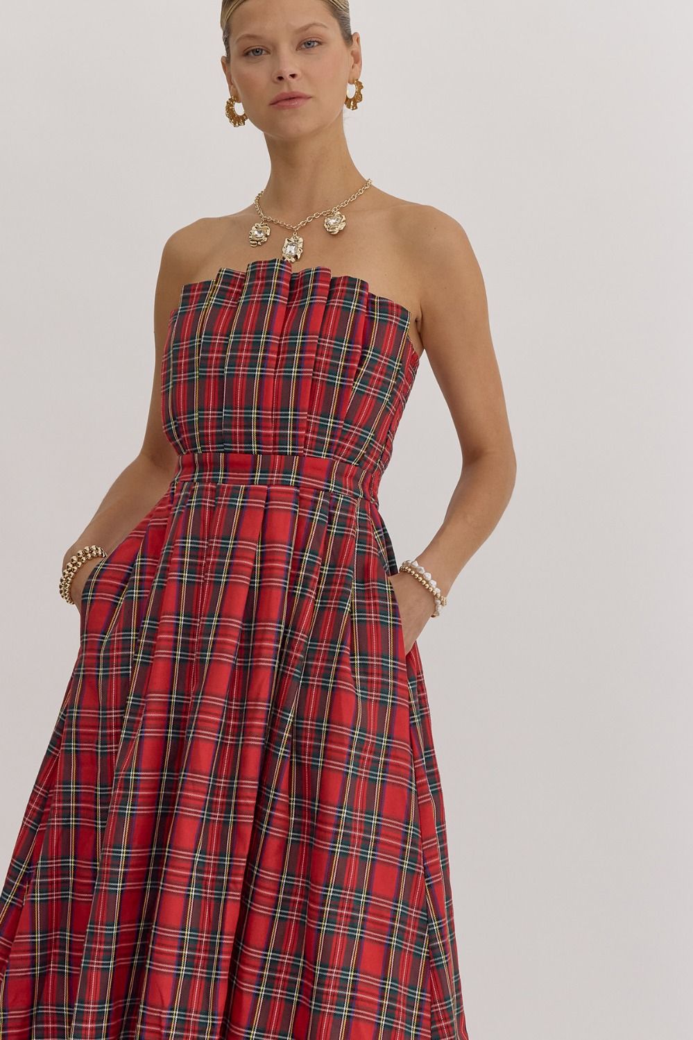 Vanna Plaid Strapless Midi Dress