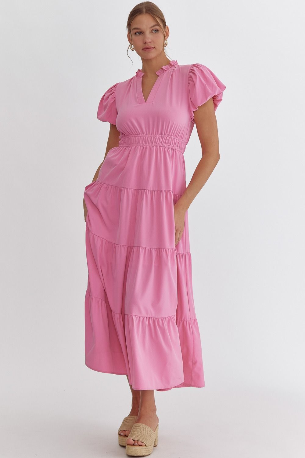 Wrenly Bubble Sleeve Tiered Midi Dress
