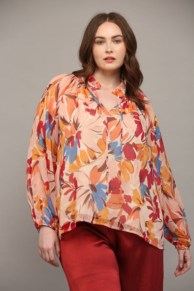Abilene Abstract Floral Tie Neck Top