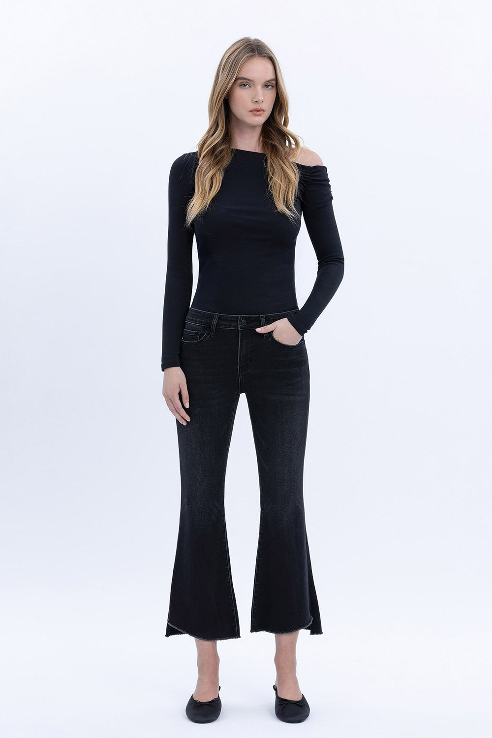 Alison M. Rise Step Hem Crop Flare Jeans BLK