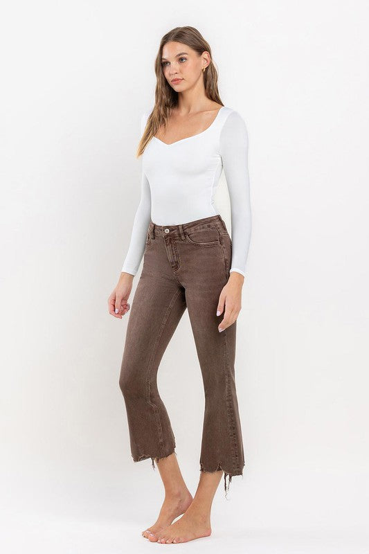 Bella Washed Frayed Crop Flare Jeans Brown