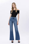 High Waisted - 10"
Full Length - 32" Inseam
Relaxed flare leg opening - 21"
Raw hem
Comfort Stretch
Medium blue wash