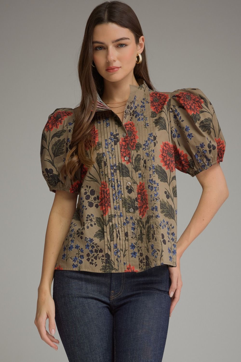 Colby Floral Pintuck Puff Sleeves