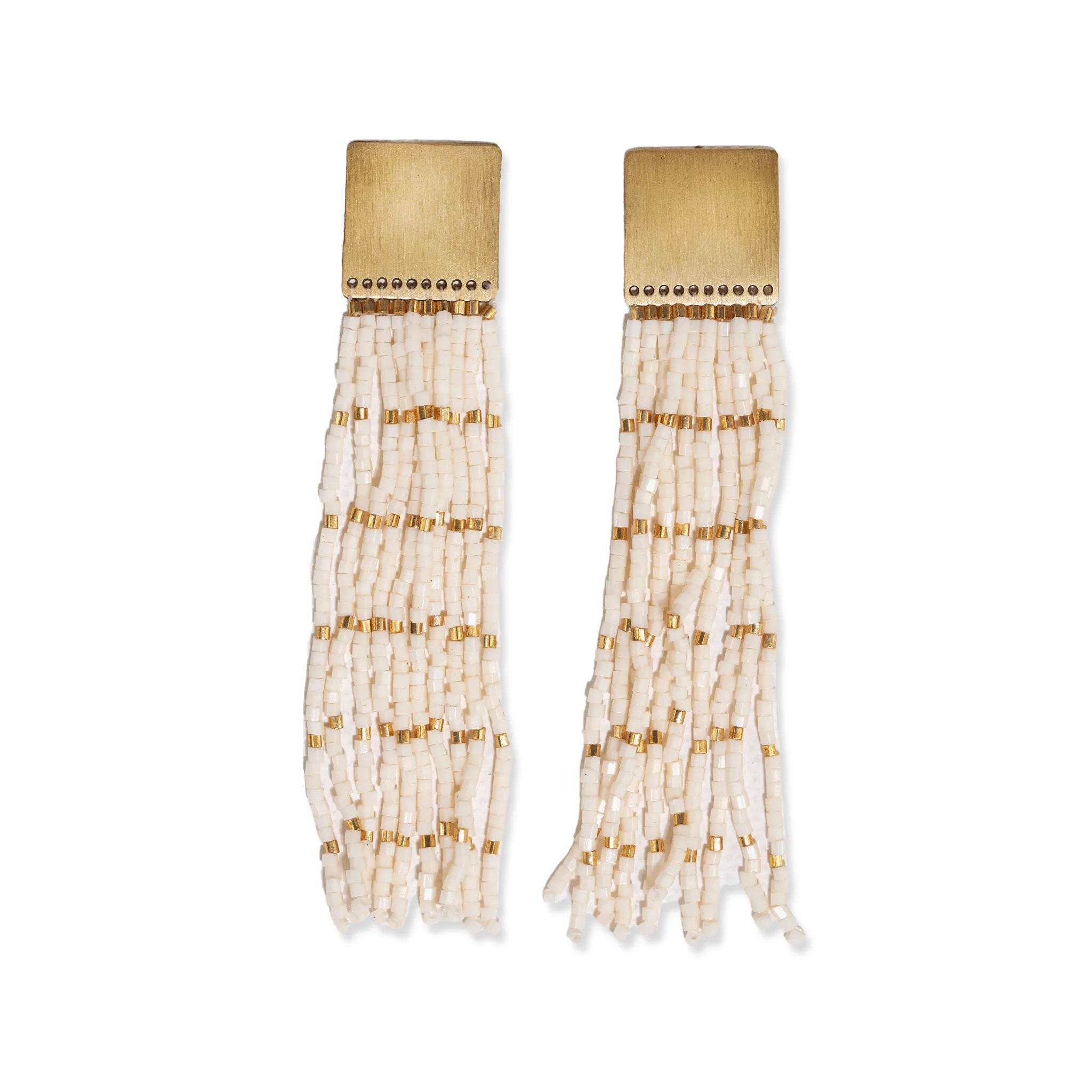 Harlow Brass Top Gold Stripe Fringe Earrings Ivory