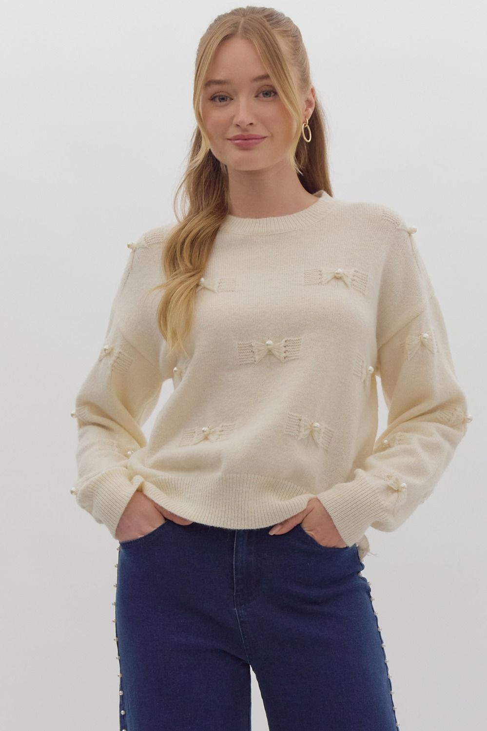 Holly Woven Bow Pearl Sweater