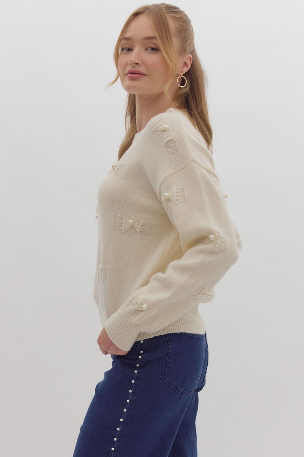 Holly Woven Bow Pearl Sweater