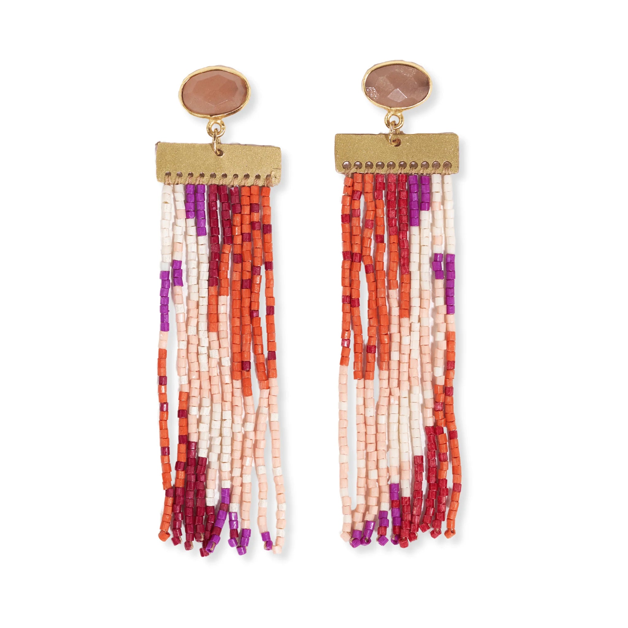 Liliah Stone Post Beaded Fringe Earrings Blush