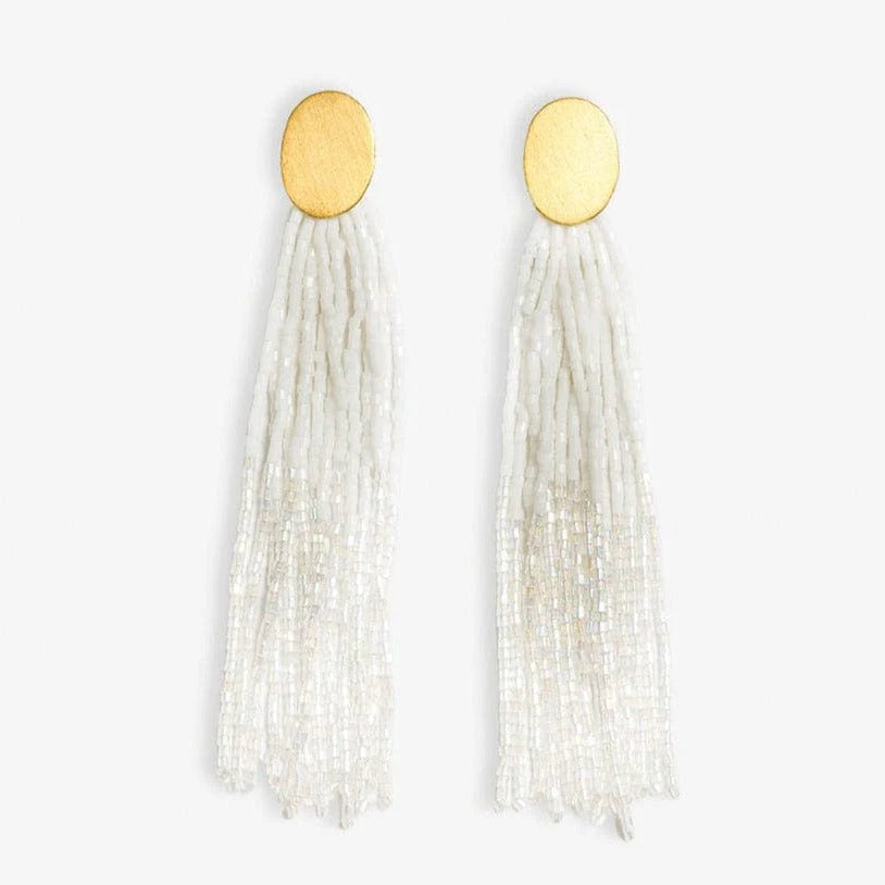 Mae Oval Post 2 Color Beaded Fringe Earrings White